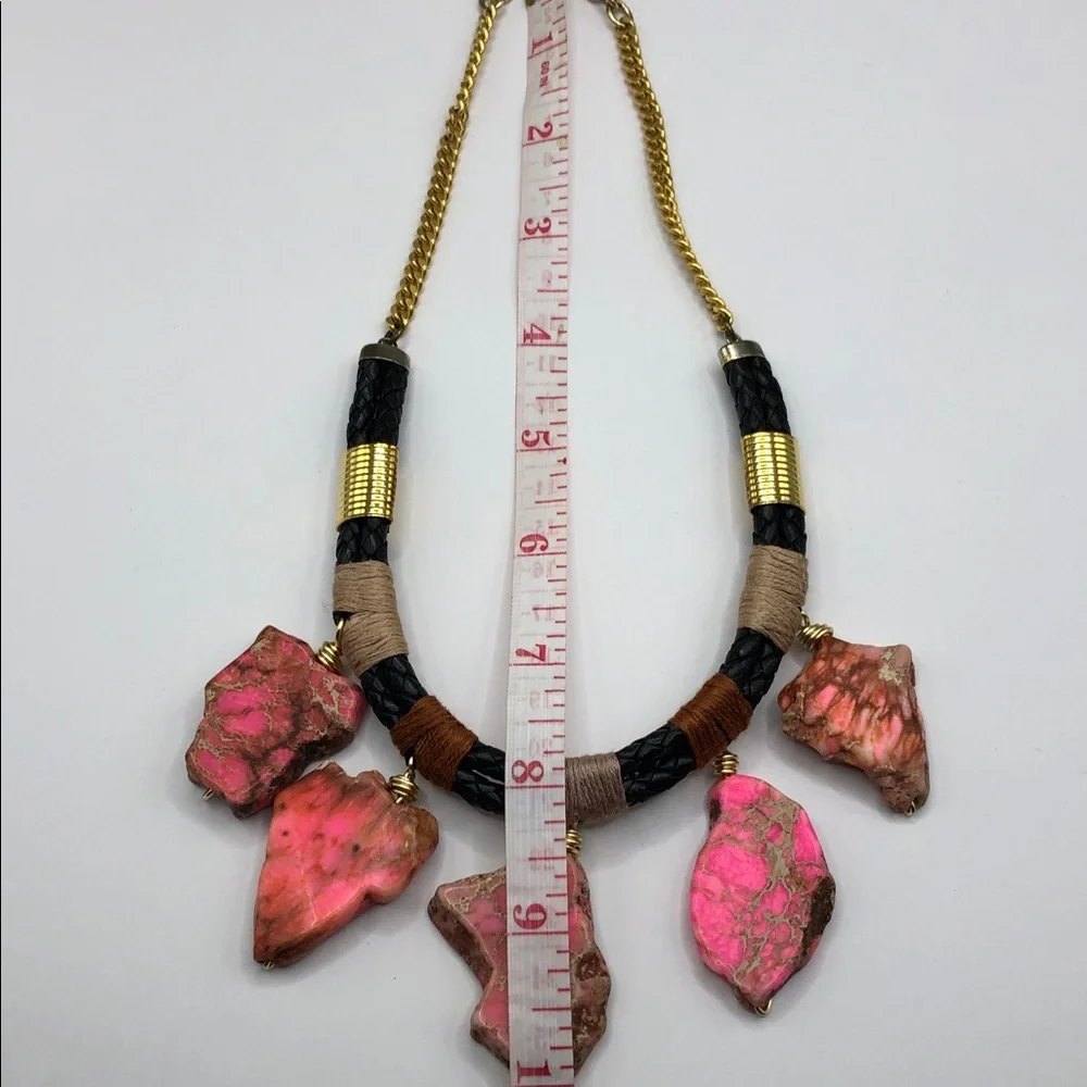 Handmade upcycled pink jasper stone statement style necklace boho festival.